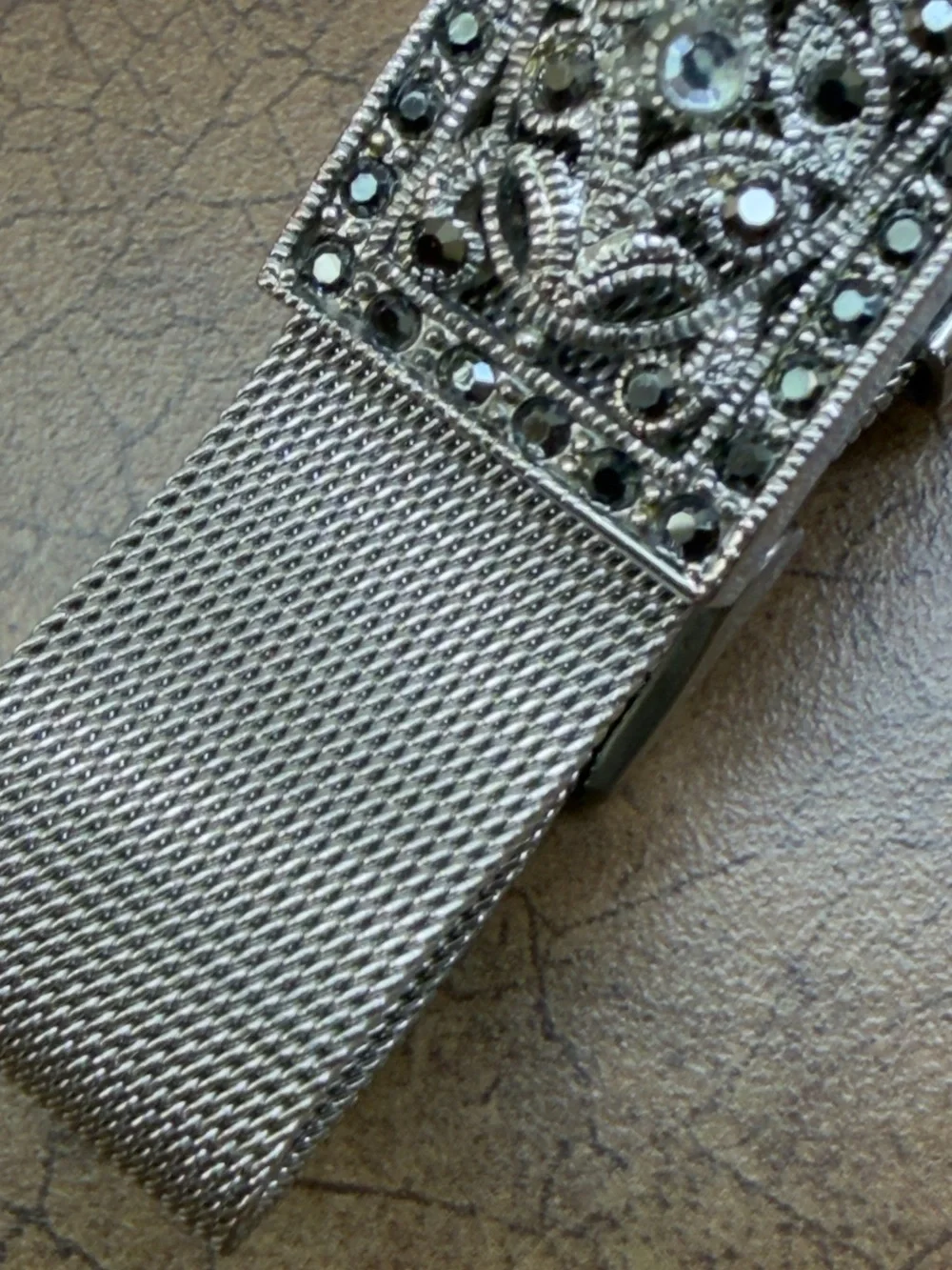 Silver Mesh Bracelet with Filigree and Rhinestone Accent